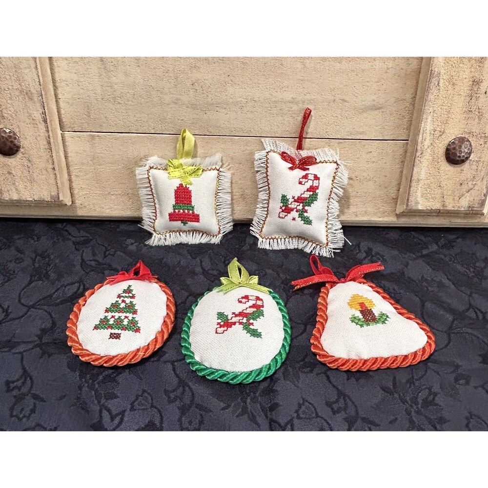 Lot (5) Handmade Cross Stitch Christmas Ornaments Tree Bell Candy Cane Candle